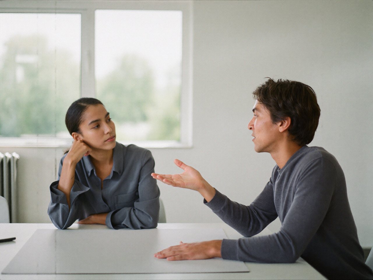 Conversación de trabajo entre dos personas en un espacio luminoso y ordenado